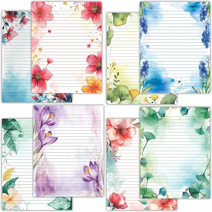 PARTH IMPEX 56 Sheets Watercolor Floral Lined Writing Paper 8.5x11 - Letter Size Ruled Stationery Letterhead Printer Paper - 120gsm Thick Decorative scrapbooking Colored Antique Aged Flowers Design