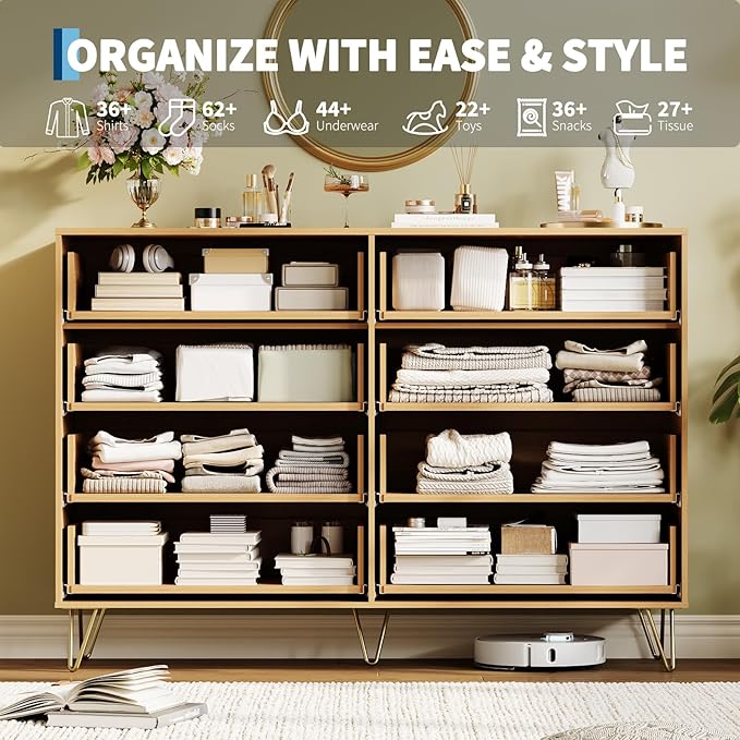 Garvee Fluted Dresser for Bedroom with 8 Drawers,55" Wide Modern Chest of Wooden Bedroom Chest with Metal Handle,Clothes Storage Organizer,Closet Dresser & TV Stand for Living Room,Hallway