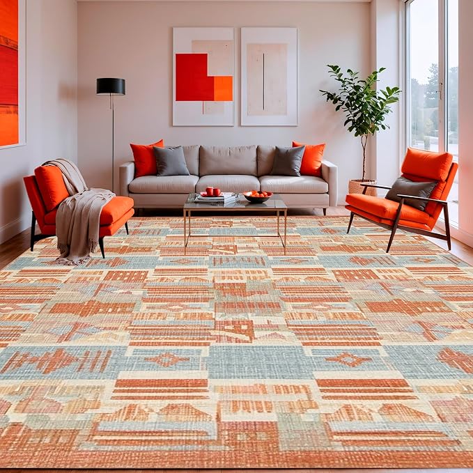 Flatwoven High Traffic Area Rug 5x7, Modern Farmhouse Geometric Terracotta Design, Non Slip, Stain Resistant, Washable Area Rugs for Living Room, Bedroom (Orange, 5x7)