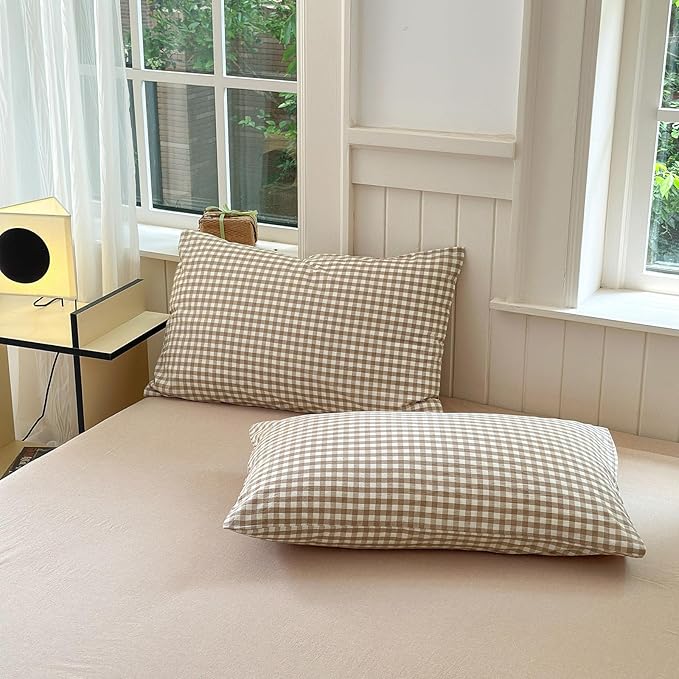 LifeTB Queen Comforter Set Tan Gingham Comforter Modern Style Beige Plaid Comforter Set 3 Pieces Fluffy Grid Checkered Comforter with 2 Pillowcases Boho Gingham Bedding Set Queen Size