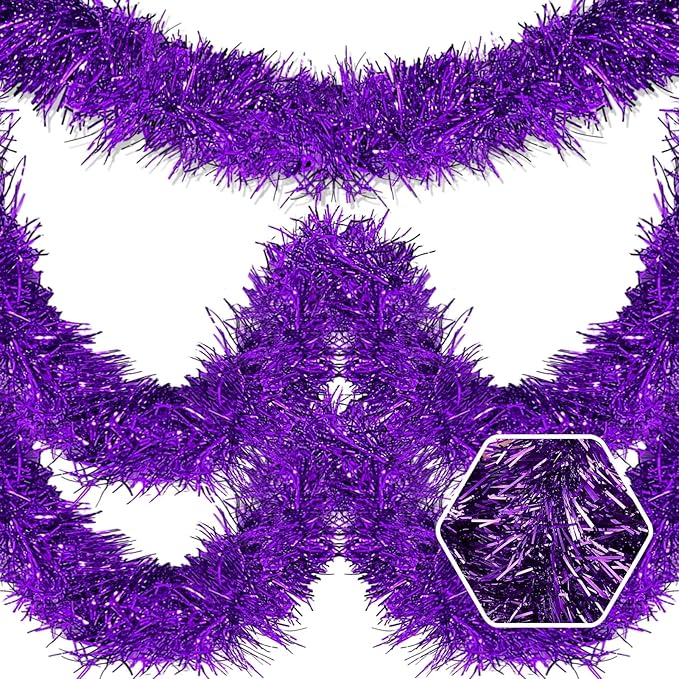 25 Feet Christmas Foil Fringe Banner Metallic Tassle Garland Metallic Backdrop Parade Floats Shiny Hanging Ceiling, Valentine's, Wedding, New Year Party Decorations(4" x 25', Purple)