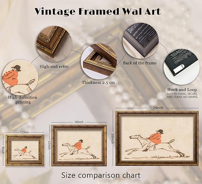 Vintage Gold Framed Hunting Equestrian Canvas Wall Art Horse and Rider Wall Decor Riding Horse painting Picture Retro Rustic Farmhouse print artwork for Farmhouse Bedroom Living Room 12X16in