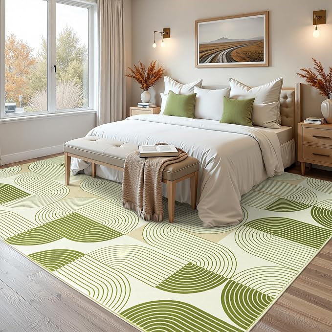 8x10 Area Rugs for Living Room, Washable Soft Green Rug for Bedroom, Mid Century Modern Rug Non Slip, Indoor Floor Boho Low Pile Abstract Carpet for Dining Room Nursery Office Home