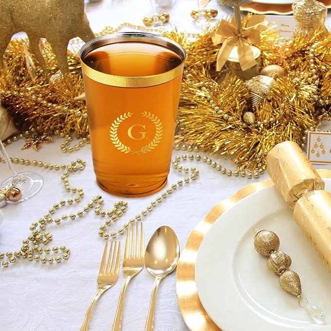 100 Pieces Monogrammed Plastic Cups Gold Foil Letter G Disposable Cups 12 oz Clear Initial Party Cups for Wedding Birthday Baby Shower Personalized Party Drinkware