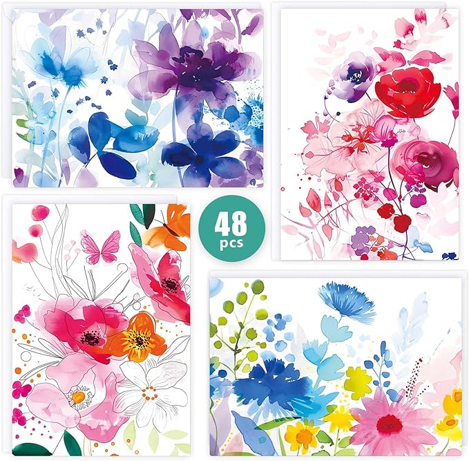 FUHITIM 48 Pack Blank Cards and Envelopes, Watercolor Flowers Blank Greeting Cards, Blank Cards for All Occasion