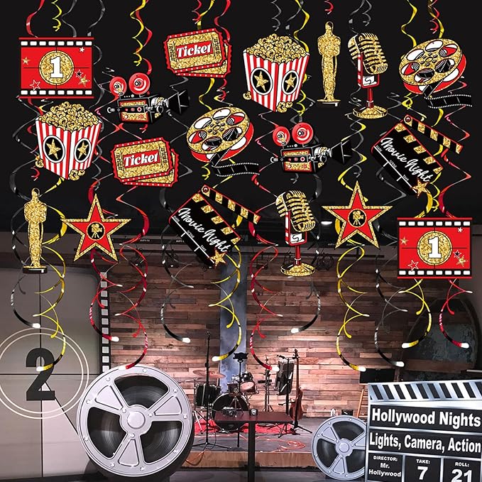 Movie Night Hanging Swirl Set Party Decorations, 48 Pcs, Hollywood Theme with Popcorn Trophy Microphone Film Reel Party Supplies Sign, Red Black Gold
