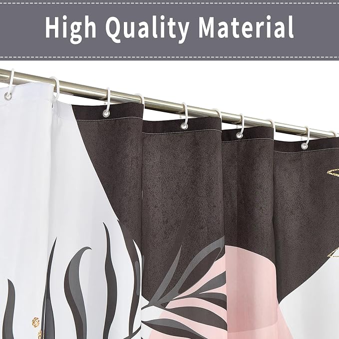 Boho Mid Century Shower Curtain, Black Pink Modern Minimalist Abstract Geometric Gold Plant Leaves Sun Arch Bathroom Curtains Waterproof Fabric Buthtub Curtain Set with Hooks 36" Wx72 L