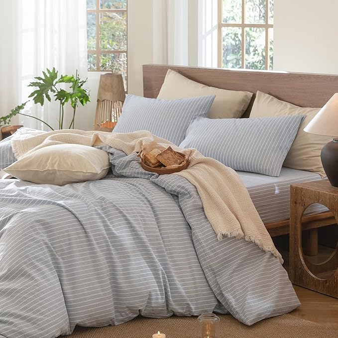 MooMee Striped Duvet Cover Set 100% Washed Cotton Linen Like Textured Breathable Durable Soft Comfy (Cornflower Blue White Wide Stripes, Cal King 104"x98")