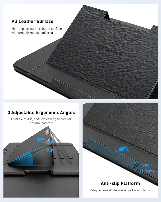 AboveTEK Adjustable Laptop Lap Desk, 3 Ergonomic Angles, PU Leather Non-Slip Surface, Heat Shield, Retractable Mouse Pad, Portable Laptop Lap pad Workstation for Bed, Sofa, Travel