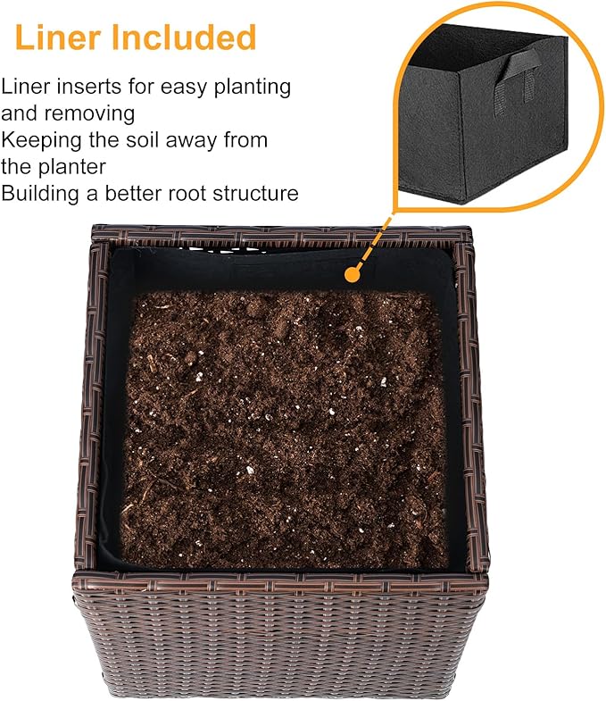 SUNNYPARK Set of 2 Large Square Planter with Removable Liner, All-Weather PE Rattan Modern Planters Indoor Outdoor Flower Plant Pots Garden Box Patio Yard Front Porch Deck