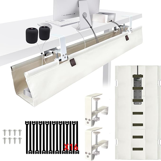 [Upgraded] Under Desk Cable Management, 48" Cord Organizer, with Silicone Pads (No Scratch!), 16 Cable Ties, Washable PE Honeycomb Base,Fits Any Desk 0-2.1", No Stinky Cardboard!Beige