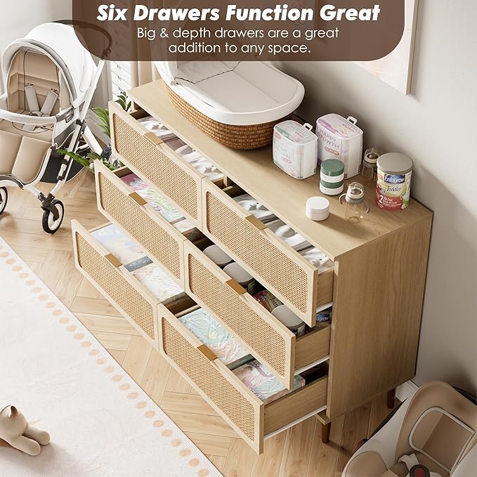 Garvee Rattan Dresser with 6 Drawers, Tall Modern Closet with Deep Storage, Large Chest of Drawers with Wide Top, Long Wooden Dresser for Bedroom, Living Room, Hallway, Kids Room, Natural