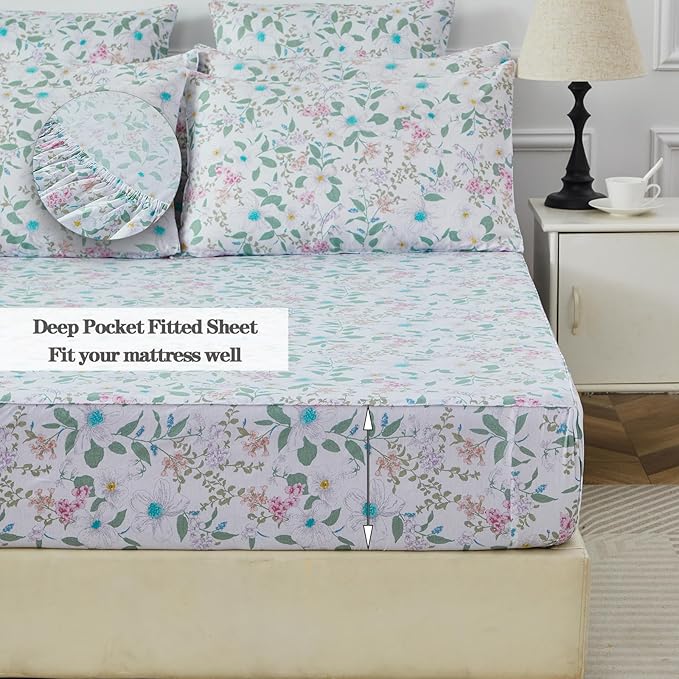 FADFAY King Size Sheets Set 100% Cotton Vintage Floral Shabby Flowers & Leaves Pattern Farmhouse Bedding Set Deep Pocket Sheets with 2 Pillowcases Breathable Soft 4Pcs, King