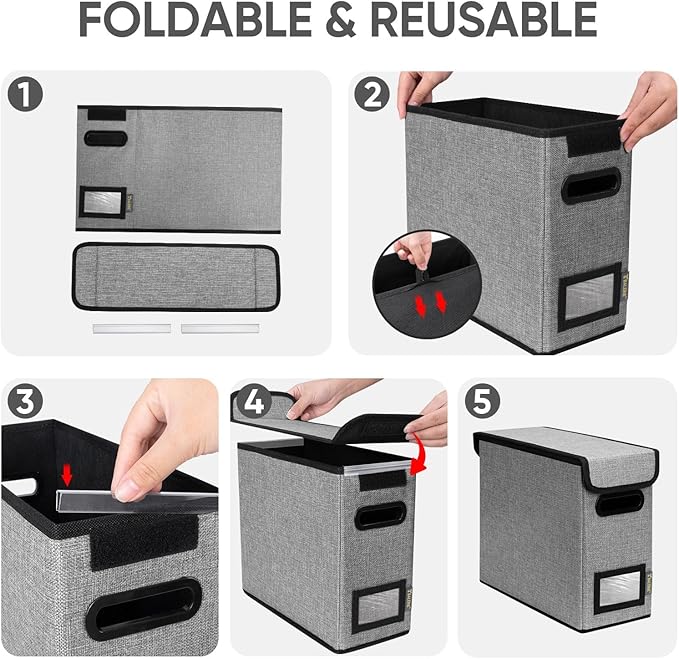 BALEINE File Organizer Box with Lid, Collapsible File Folder Organizer with Plastic Slide, Hanging File Folder Box for Office Document Storage (2 Pack, Grey, S)