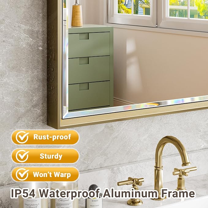 60 x 36 Gold Bathroom Mirror, Brushed Gold Beveled Bathroom Mirror, Shatterproof Large Gold Frame Rectangle Mirror, Brushed Brass Gold Framed Vanity Mirror Vertical/Horizontal Wall-Mounted