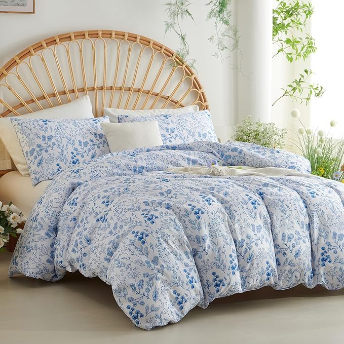 Nayoroom Blue Floral Duvet Cover Full Size Cottagecore Botanical Flower Spring Comforter Cover 3 Pcs Soft Breathable Microfiber Pastoral Aesthetic Bedding Set Gift for Women