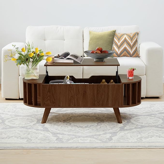 Janmer Home Small Lift Top Coffee Table with Storage, 47.3" Mid Century Modern Curved Coffee Table, Oval Center Table with Lift Tabletop for Living Room, Office (Walnut)