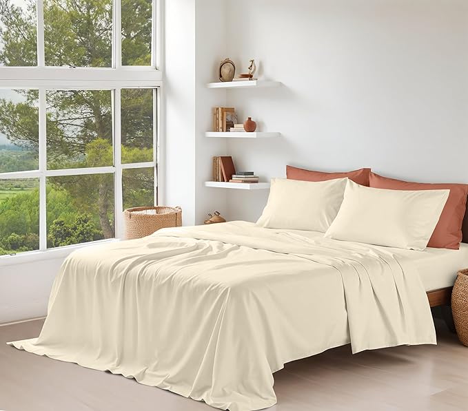 RUVANTI 100% Organic Cotton Sheets Twin Size, Percale Weave, GOTS Certified, 3-Piece Set, Deep Pocket 15", Crisp & Breathable, Soft Durable Bedding, Sábanas Algodón Orgánico – Cloud Cream