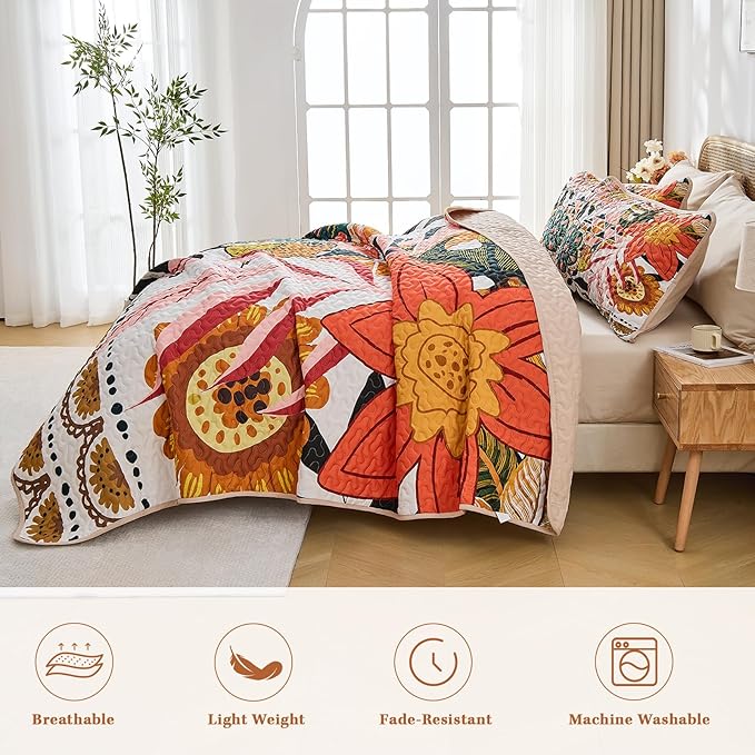 Quilt Set Full/Queen Size, Boho Floral 3 Pcs Soft Bed Cover Bedding Set, Mid Century Flowers Lightweight Bedspread Coverlet with 2 Pillow Sham for All Season