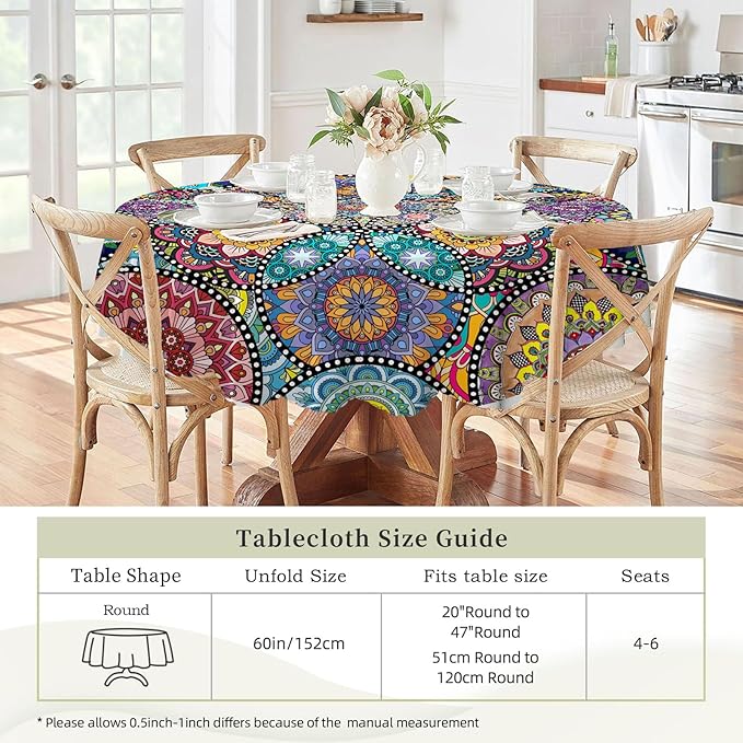 Eikione Boho Round Tablecloth, 60inch Bohemia Table Cover, Colorful Polyester Waterproof Stain Resistant, Wrinkle Free, Circle Tablecloth for Indoor and Outdoor Use