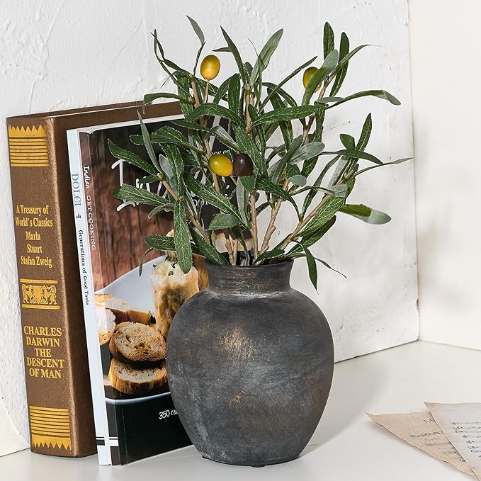 SIDUCAL Ceramic Decorative Flower Vase | 6 Inch Pottery Rustic Farmhouse | Boho | Terracotta Vase for Home Decor, Table, Living Room, Bathroom, Shelf, Mantel Decoration, Bronze