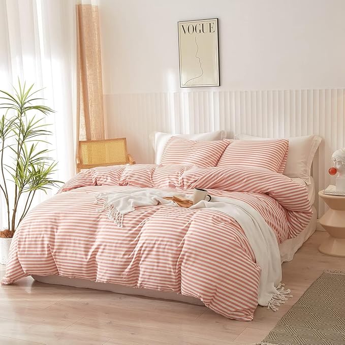 LifeTB Striped Comforter Set Twin XL Modern Style Pink White Stripes Pattern Comforter Set Fluffy Boho Comforter with 2 Pillowcases Teens Girls Cozy Dorm Bedding Twin XL Bed Comforter for All Season