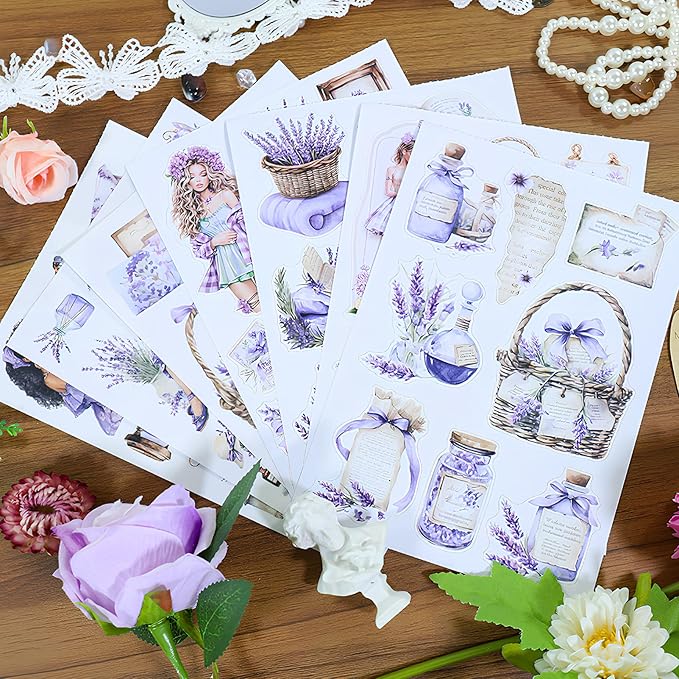 Snycler Sticker Book - 20 Sheets Vintage PET Stickers for Scrapbooking, Junk Journaling, Ephemera, and Decorative Crafts-Song of Lavender