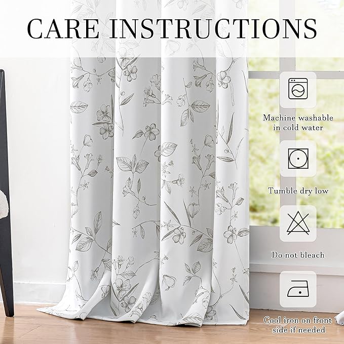 ChrisDowa 100% Blackout Floral Curtains 96 Inches Long 2 Panels for Bedroom Living Room Grey Flower Patterned Room Darkening Thermal Insulated Soundproof Grommet Window Treatments Drapes,52X96