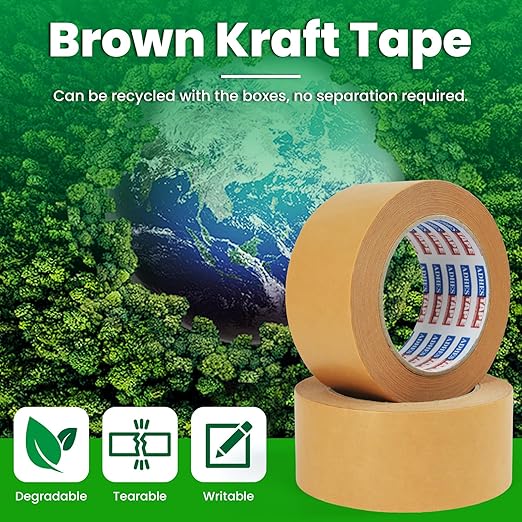 ADHES Kraft Paper Tape, 2 Inch x 44 Yards, 4 Rolls Writable & Uncoated Heavy Duty Paper Tape, Biodegradable Brown Packing Tape for Sealing, Packaging & Moving