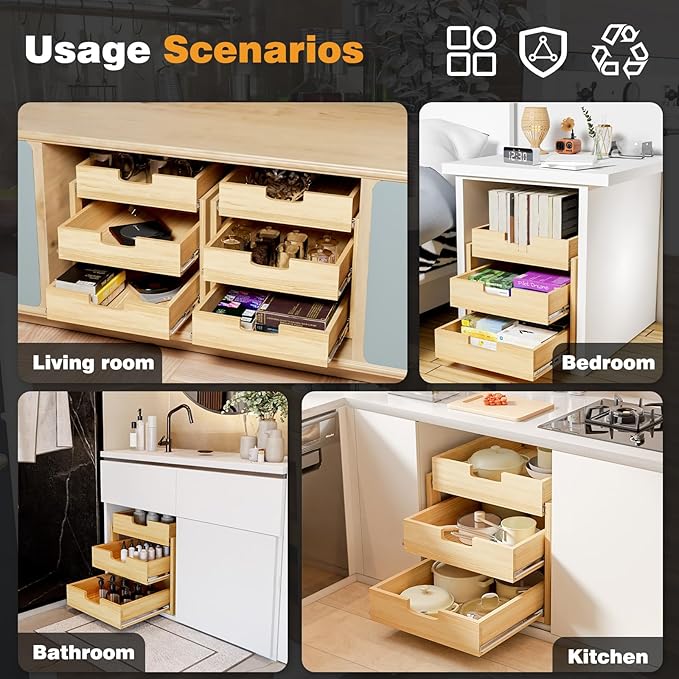 Gsskny Pull Out Cabinet Organizer, 14''W×21''D Sliding Drawers for Cabinets, 3 Tier Soft Close Slide Out Wooden Pull out Drawers, Base Cabinet Organization for Kitchen, Pantry, Bathroom