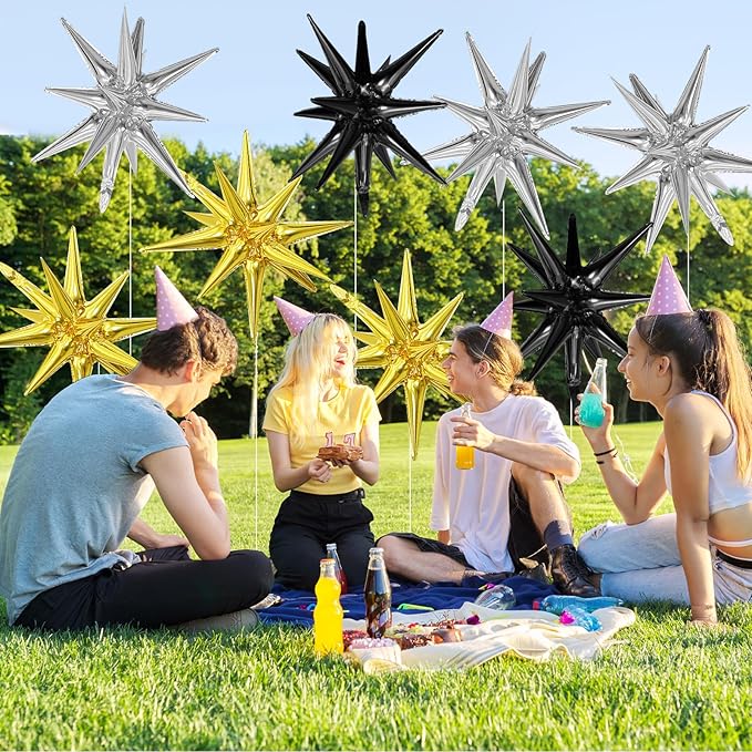Black Gold Silver Star Balloons,9Pcs 22Inch Black Silver Gold Explosion Spike Cone Helium Polyester Film Star Foil Balloons for Birthday Anniversary Baby Shower Disco Party Decorations