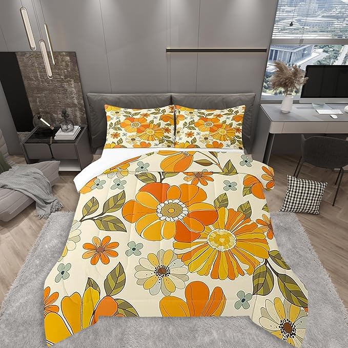Castle Fairy Kids Retro Flowers Bedding Comforters Queen Size,Watercolor Yellow Floral Green Leaves Plant Comforter Set with 2 Pillowcases,70s Trippy Daisy 3pcs Children Adult Duvet Set,Soft