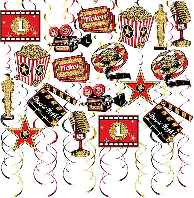Movie Night Hanging Swirl Set Party Decorations, 48 Pcs, Hollywood Theme with Popcorn Trophy Microphone Film Reel Party Supplies Sign, Red Black Gold