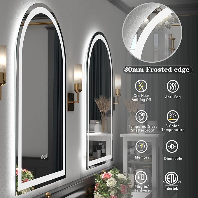 Arched LED Bathroom Mirror 22x30 Inch, LED Vanity Mirror with Backlit and Frontlit, Dimmable Lighted Illuminated Mirror, Anti-Fog,Memory, 3 Colors, Shatter-Proof, ETL Listed