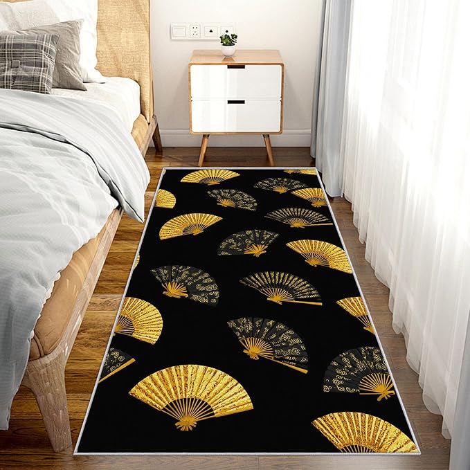 Oriental Fan Runner Rug 3x10, Black and Gold Vintage Asian Design, Japanese Style Area Rug, Washable Carpet Runner for Bedroom, Standard Hallways, Kitchen Walkway, Dining Room Sideboard