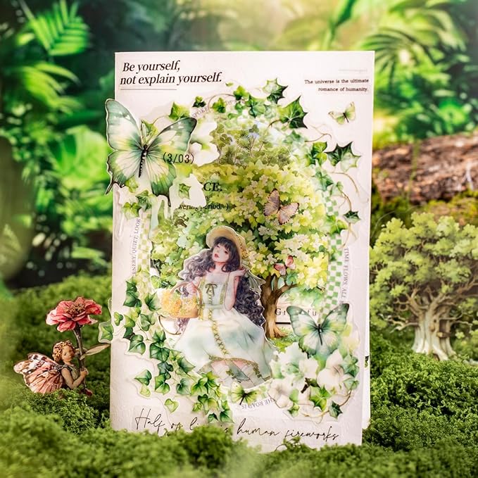 MiyouLuna 120Pcs Forest PET Scrapbook Stickers Botanical Designs for Scrapbooking Waterproof Journaling Supplies Junk Journal Ephemera with Storage Organizer