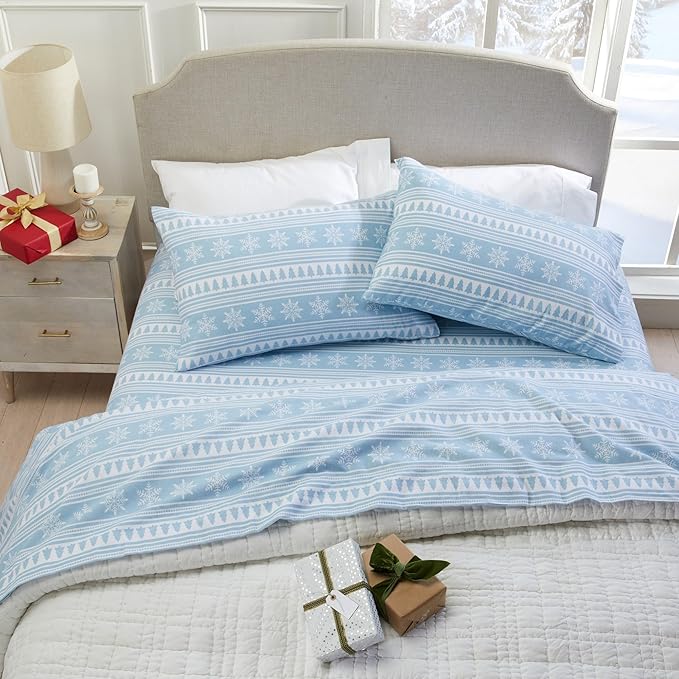 Market & Place 100% Cotton Twin Flannel Sheet Set | 3 Piece Deep Pocket Novelty Cozy Winter Bed Sheets | Double Brushed for Extra Softness & Comfort | Alpine Collection (Twin, Striped Snowflake)