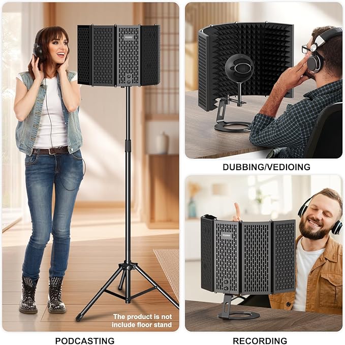 Aokeo Microphone Isolation Shield, Foldable Mic Shield with Triple Sound Insulation, Reflection Filter with 3/8" and 5/8" Mic Threaded Mount for Recording Studio, Podcasts, Singing, and Broadcasting