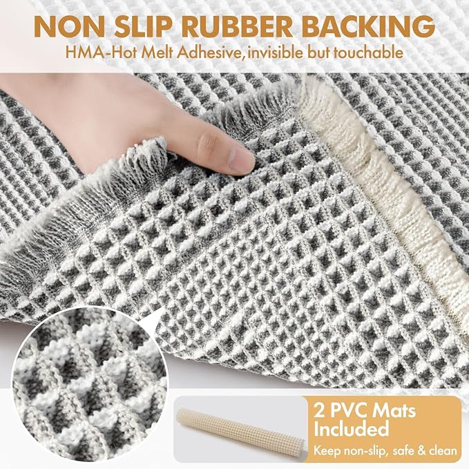 MIULEE Set of 2 Waffle Bathroom Rugs, Boho Bath Rug Super Absorbent, Non Slip Washable Ultra Soft Rubber Backed Shower Bath Mats for Floor, Tub, Shower, Looped Design, Lightgrey & Cream, 18x30 Inch