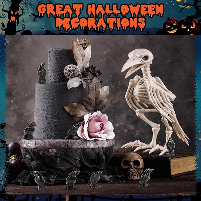 30 PCS Mini Resin Crow Figurines Halloween Decor Black Miniature Crow Gothic Tiny Raven Vase Filler Spooky Bird Ornament DIY Craft Project for Garden Landscape Scene Cupcake Topper Decoration