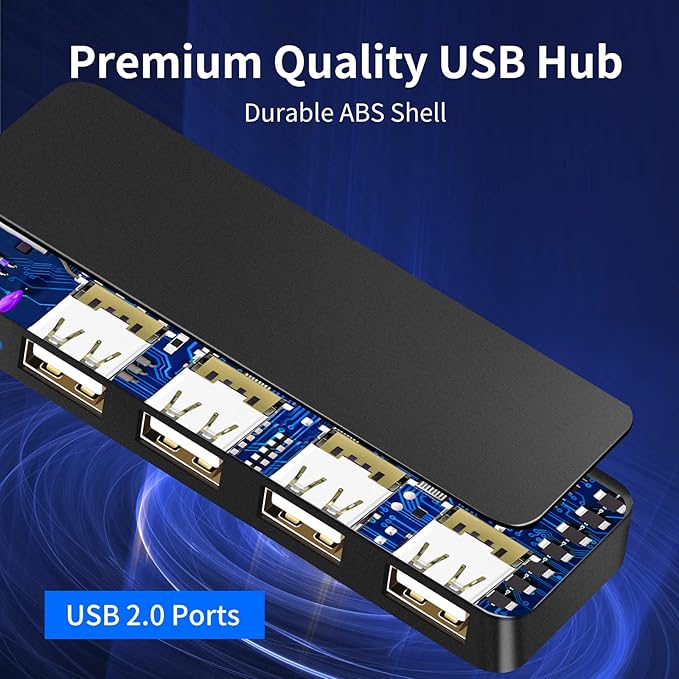 USB Hub 4 Port USB 2.0 Splitter Hub Expander for Laptop Computer Flash Drive Console Printer Camera Keyboard Mouse More 1 to 4 Jack Extender for Charging/Data Sync