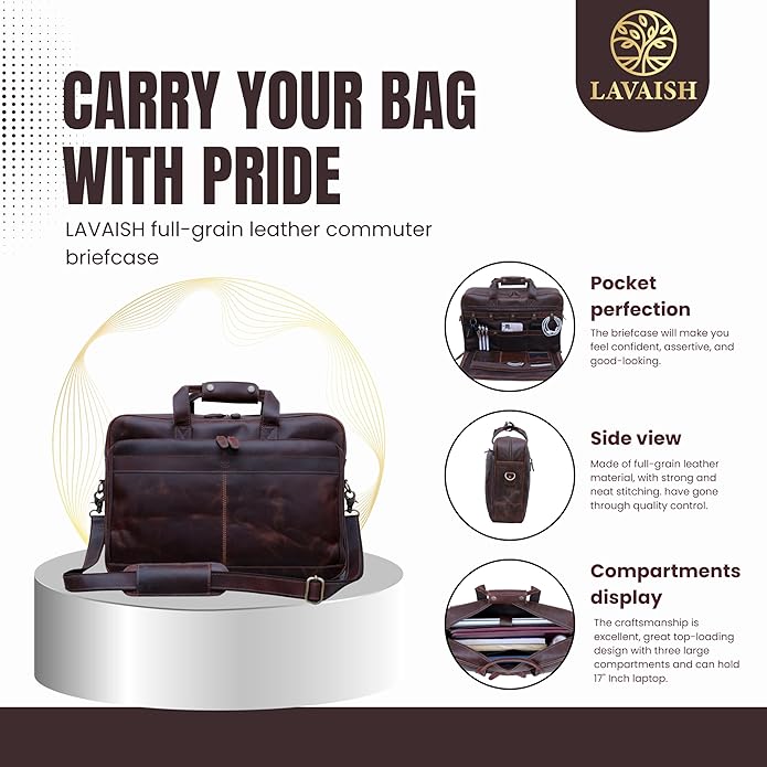 LAVAISH Handmade Full-Grain Leather Briefcase for Men & Women–17" Laptop Bag with Computer Compartment Office Satchel Bag