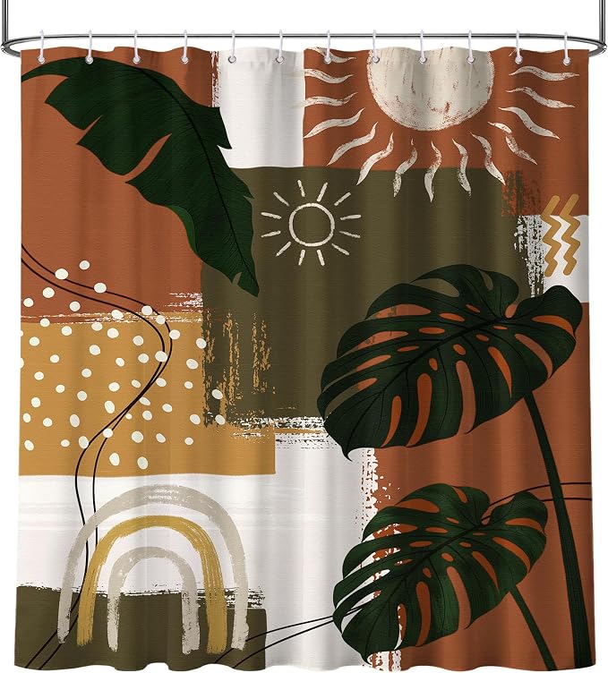 Mid Century Modern Shower Curtain Boho Abstract Tropical Leaf Shower Curtains for Bathroom Decor Sets, Waterproof Cloth Fabric with Hooks, 70x78 Inch