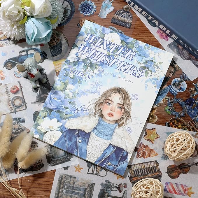 Auguro Winter Scrapbook Stickers 20 Sheets 240 Pre-Cut Washi Stickers for Journaling PET Transparent Book Sticker Decorative or DIY Paper Crafts, Arts and Crafting Projects