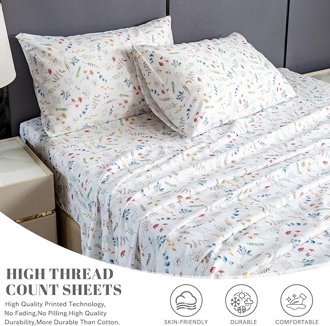 Bedlifes Twin Sheet Set Ultra Soft, Breathable, Silky Flower Deep Pocket 100% Microfiber Bedding, 3 Piece Twin Size White Floral