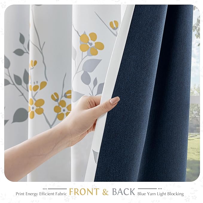 Beauoop Floral 100% Blackout Curtains 84 Inch Length 1 Panel for Patio Sliding Door Extra Wide Yellow Grey Flower Patterned Divider Room Darkening Thermal Soundproof Grommet Window Drapes, 100x84x1