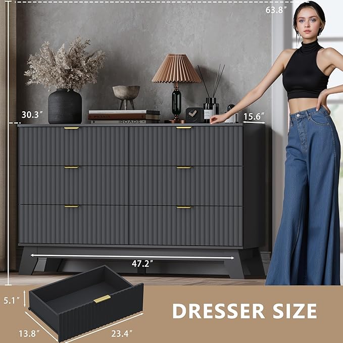 BORNOON Fluted 6 Drawer Dresser, 47.2" Wide Modern Boho Chest of Drawers, Wooden Storage Dresser TV Stand for Bedroom, Living Room, Closet, Hallway, Curved Profile Design