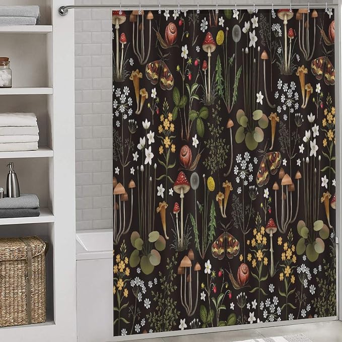 Mushroom Shower Curtain, Retro Wild Floral Botanical Mushroom Floral Moth Cottagecore Nature Plants Leave Herbs Black Farmhouse Waterproof Fabric Bathroom Shower Curtain Set with Hooks, 72"x84" Inch