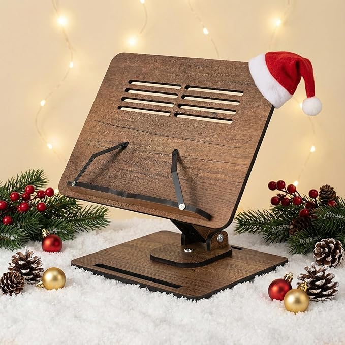 Vigo Wood Book Stand for Reading 360° Adjustable, Wooden Laptop Stand, Cookbooks Holder, Music Scores, Featuring Multi-Height Angles and Foldable Design with Page Clips.