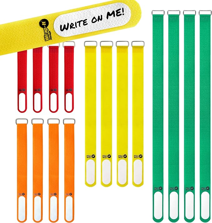 Wrap-It Storage Cinch-Straps (Assorted 16 Pack) Hook and Loop Straps with Metal Buckles and Write on Labels for Easy Cord Identification, Waterproof, Reusable, Multi-Purpose, Adjustable